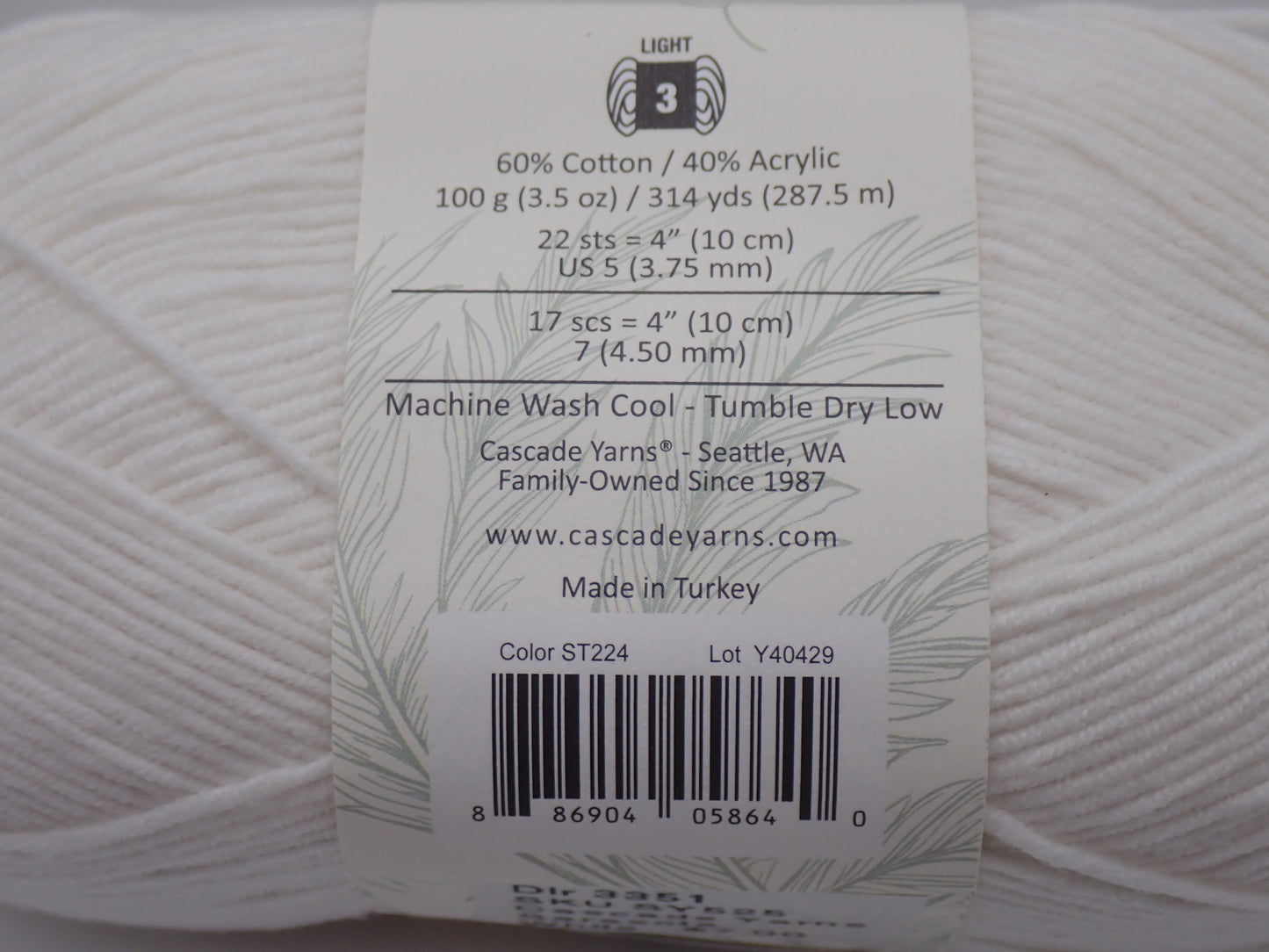 Cascade Yarns Sarasota DK weight White
