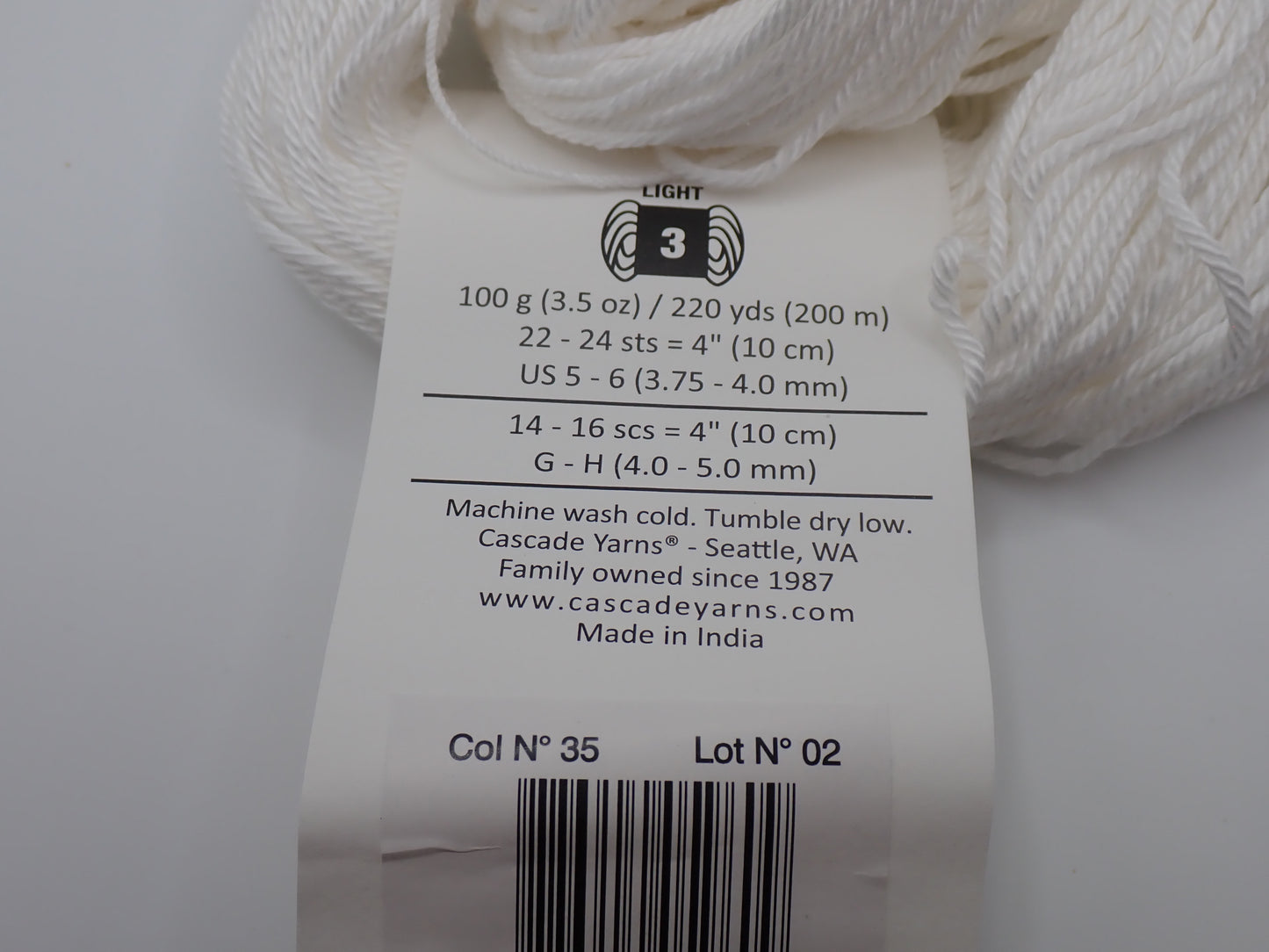 Cascade Yarns Noble Cotton DK weight White