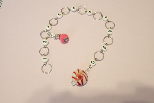 Row Counter Chain for Knit or Crochet, with Peppermint Candy Red and White Swirled bead