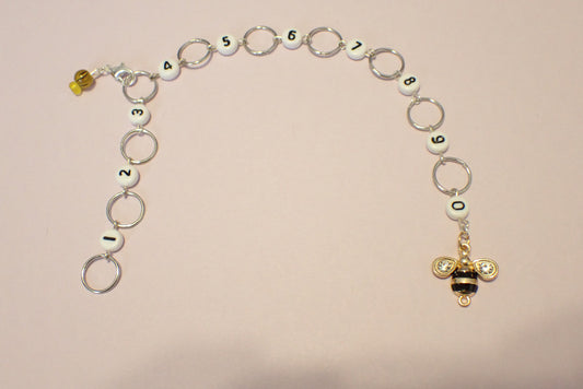 Row Counter Chain for Knit or Crochet, with Gold Colored Metal Bee with Black Stripes and Crystals on Wings Charm