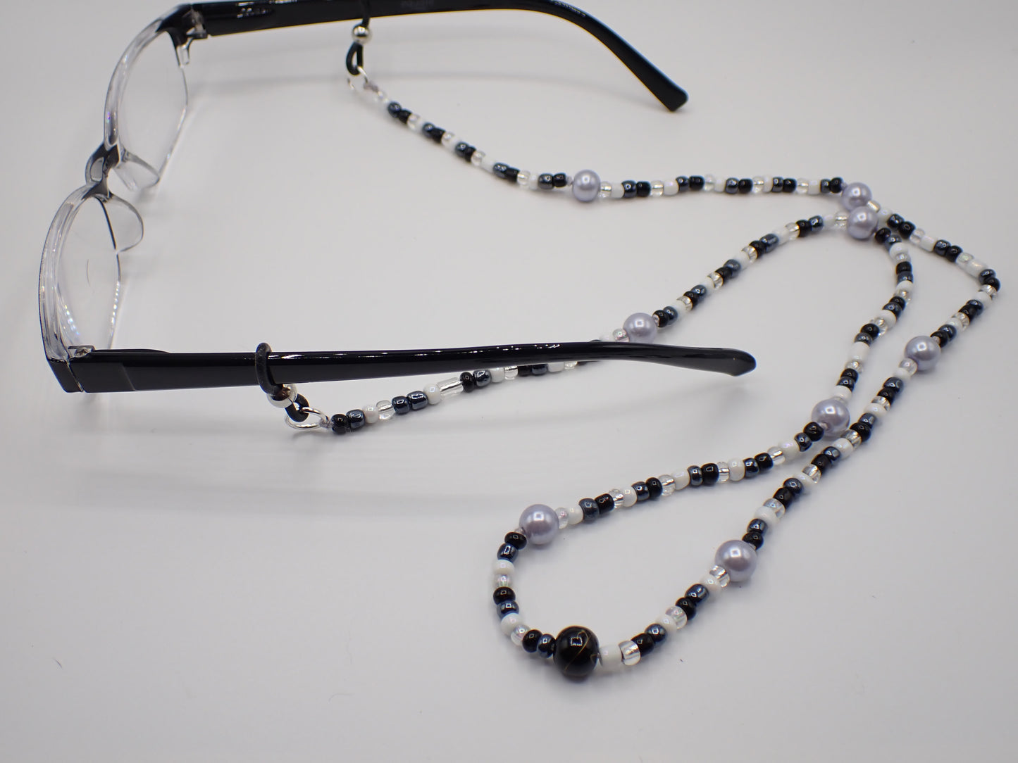 Beaded Eyeglass Cord Glass Black, Grey, White Beads #1