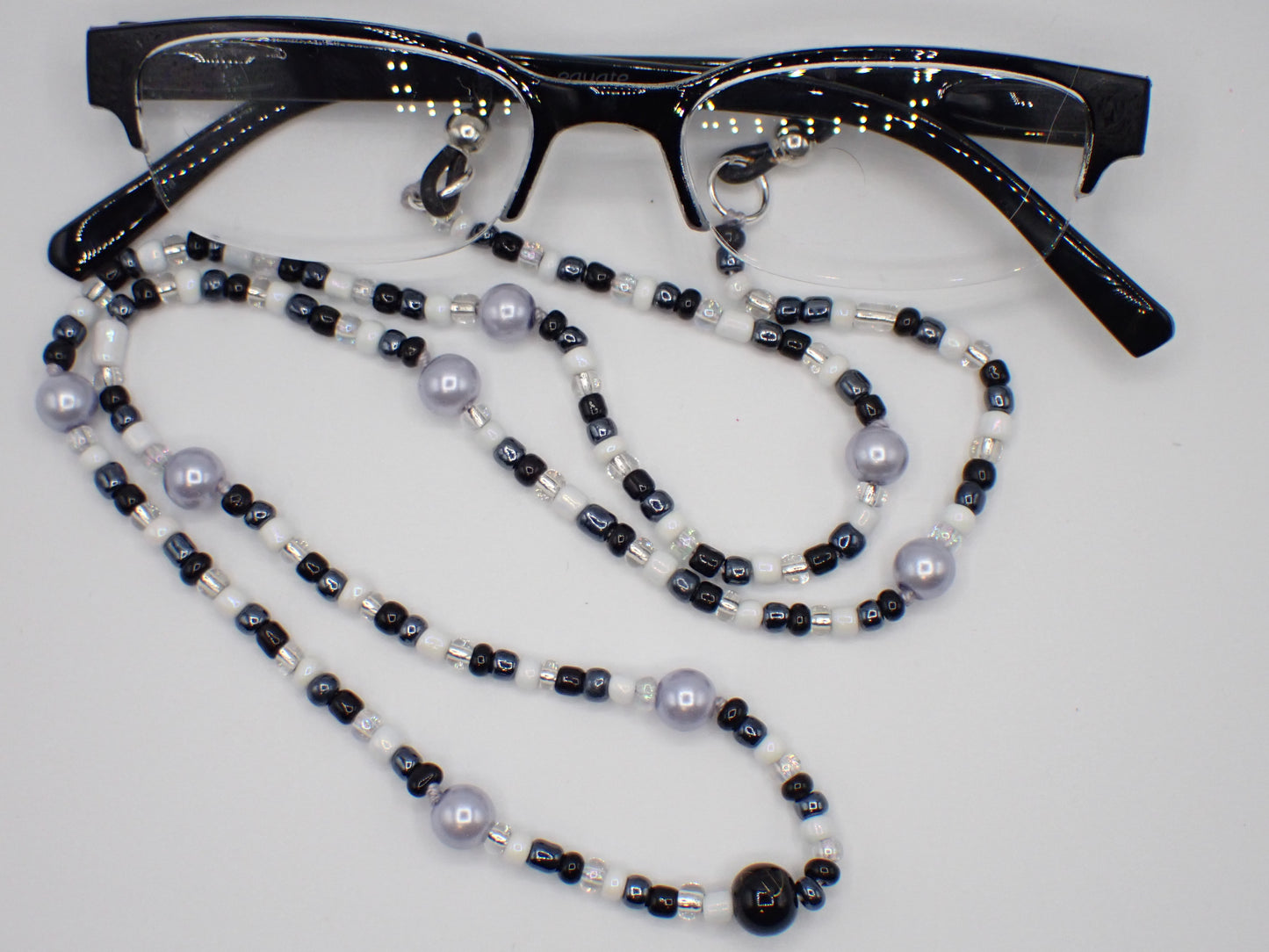 Beaded Eyeglass Cord Glass Black, Grey, White Beads #1