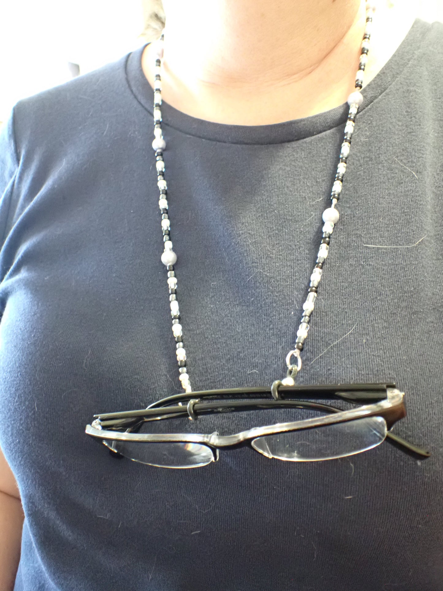 Beaded Eyeglass Cord Glass Black, Grey, White Beads #1