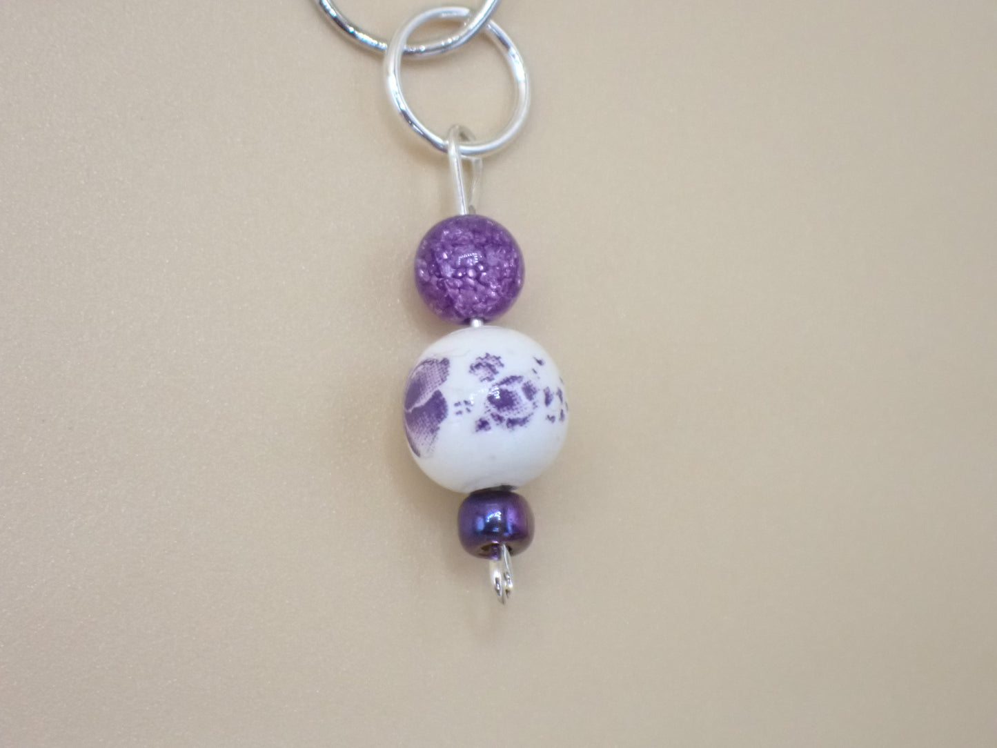 Row Counter Chain for Knit or Crochet, with Small Purple Flowers on White Bead