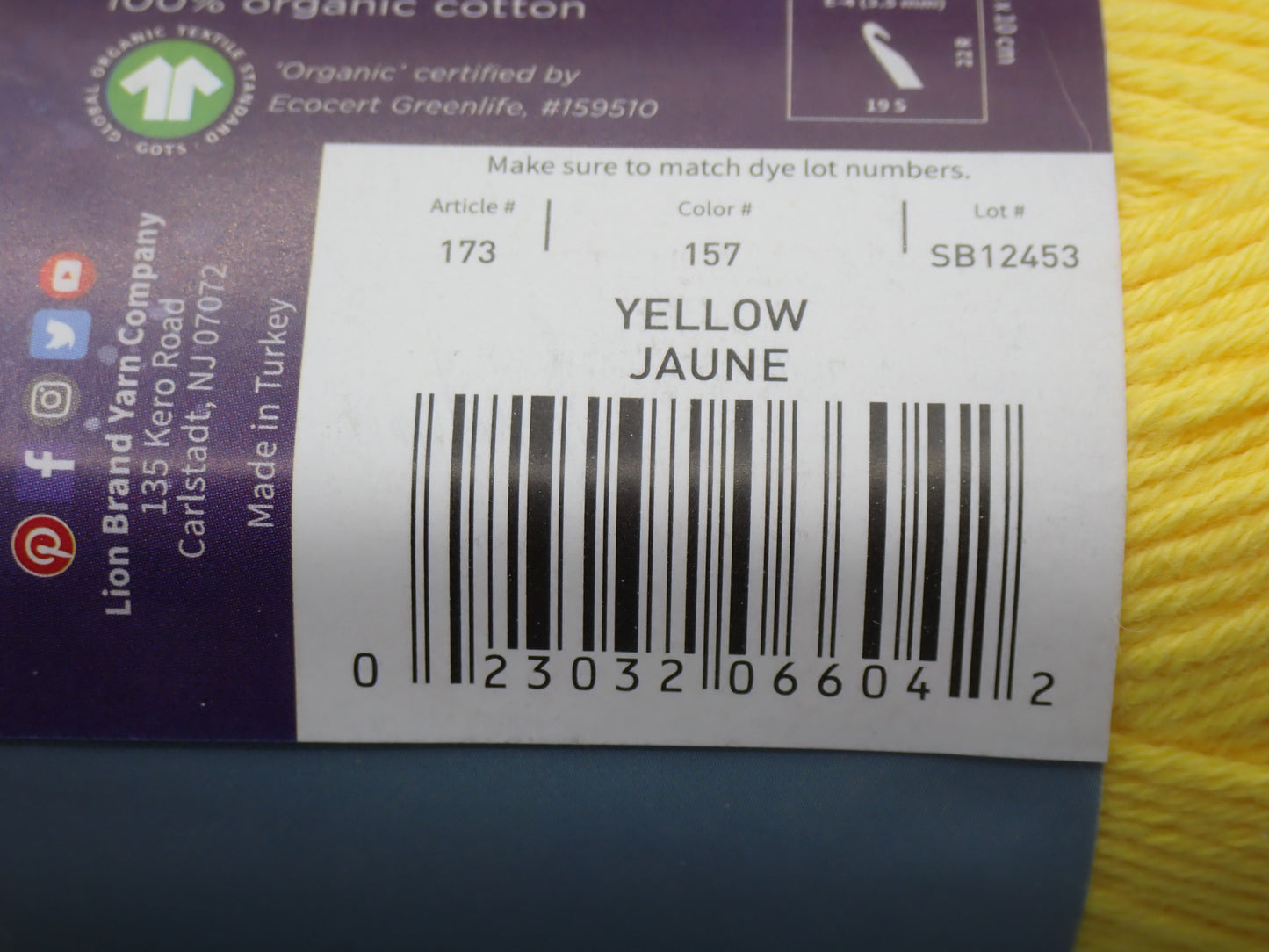 Lion Brand Yarns Sport weight Oh Baby Organic Yellow